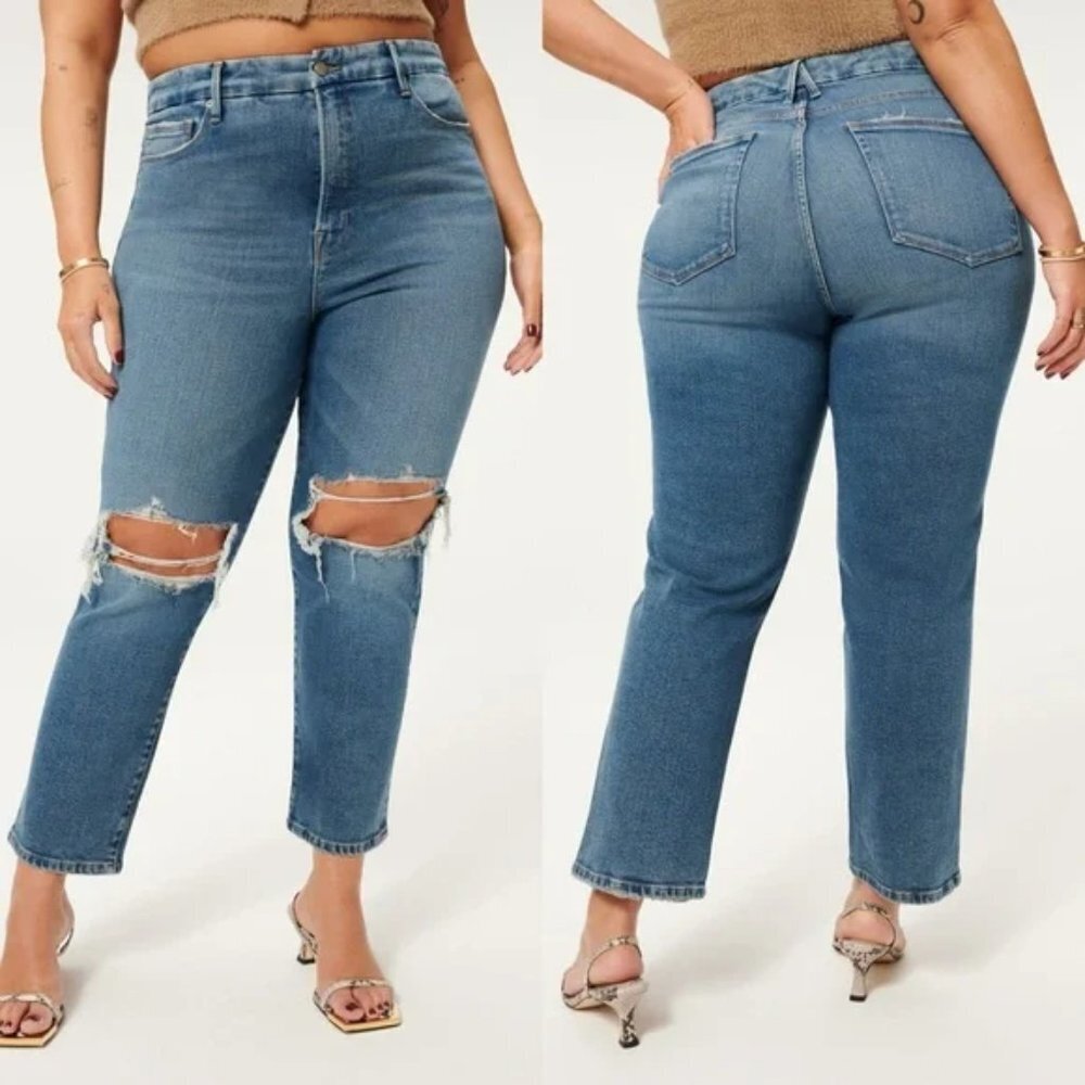 Good American Good Vintage Jeans Distressed Size 16 Straight Leg Denim Stretch